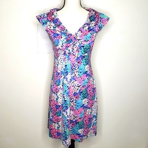 Lilly Pulitzer Dress Extra Small XS Clare Floral Blue Pink Ruffle Silk Cotton